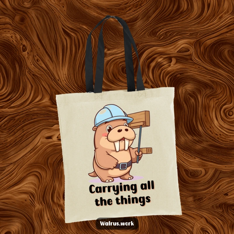 Funny walrus with a hard hat, humorously supporting a precarious shelf, ideal for carrying essentials in style. Funny gift tote.
