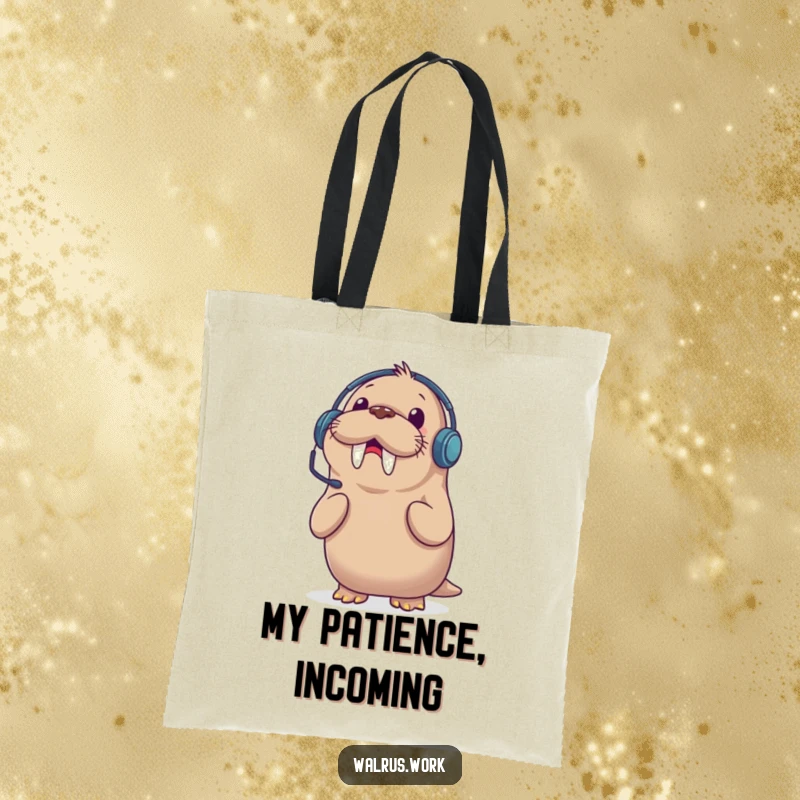 Funny tote bag with a walrus in a headset, comically surprised by a phone call, perfect for errands and work.
