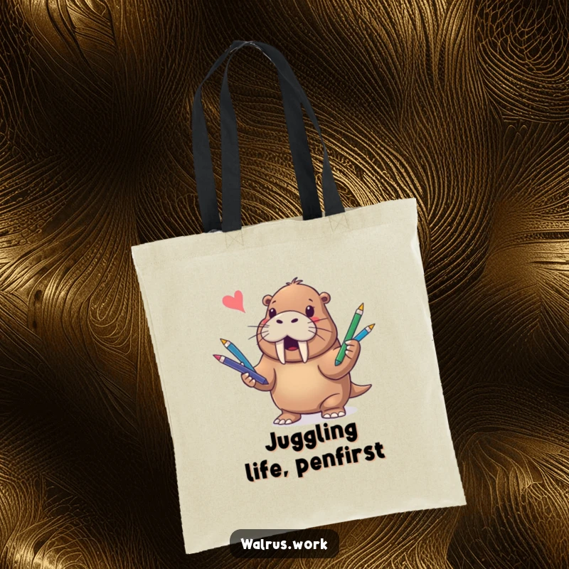 Funny tote bag featuring a cheerful walrus engrossed in the act of juggling a collection of vibrant pens.