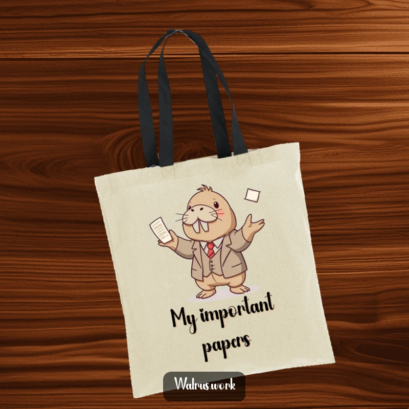 Funny tote bag with a walrus in a tiny suit juggling papers, great for carrying work documents and adding a humorous touch.