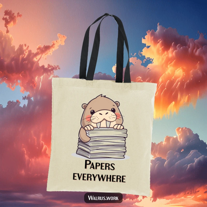 Funny tote bag showing a walrus peeking from behind papers. Practical and humorous for carrying work essentials. Gift.