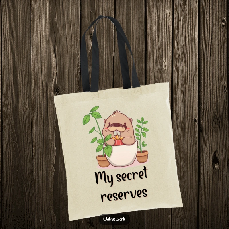 Funny giggling walrus character hiding snacks in a potted plant, featured on a humorous and functional tote bag.
