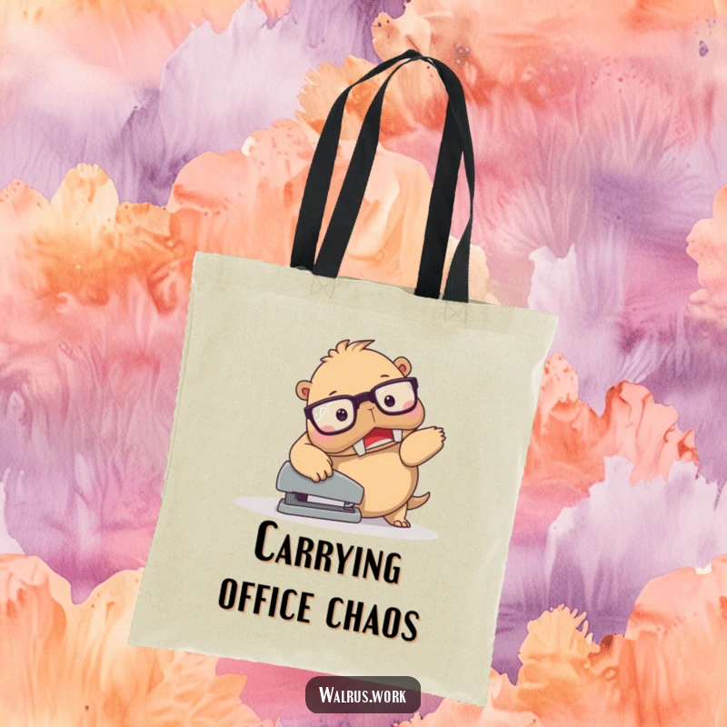 Funny Walrus Stapler Trip Tote Bag: Spectacled walrus character comically tripping over a stapler, perfect for carrying daily items with humor.