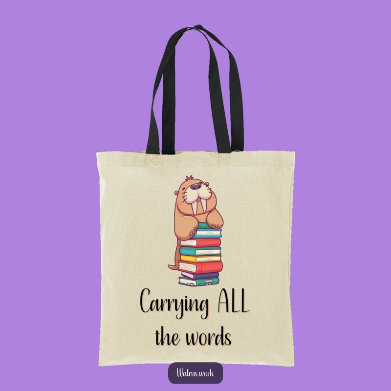 Funny Walrus Tote Bag: Book Stack Balance, Literary Gift