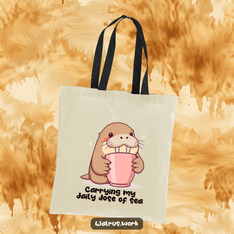 Funny tote bag depicting a walrus curiously sniffing coffee steam, a functional and humorous accessory.