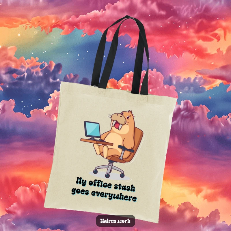 Funny tote bag depicting a walrus gleefully riding an office chair, a humorous and practical accessory.