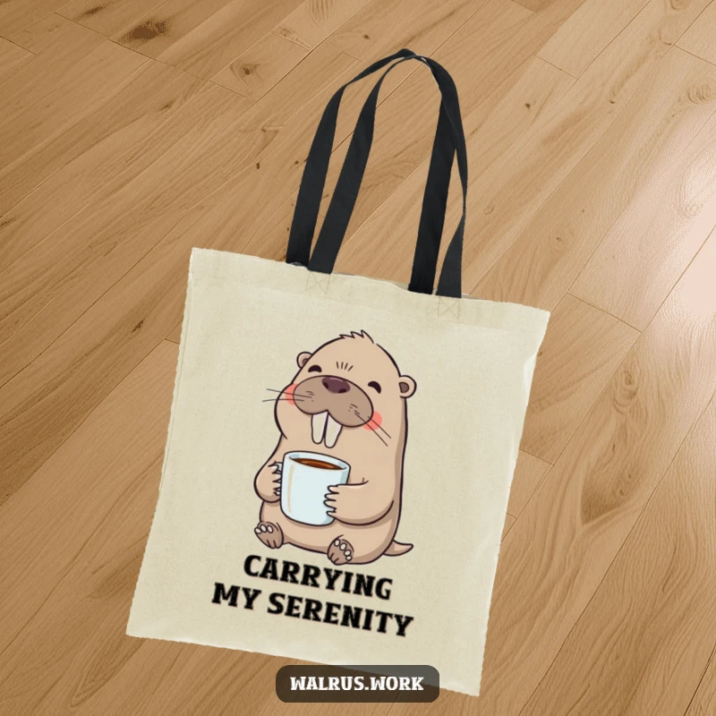 Funny tote bag depicting a happy walrus leisurely sipping coffee, ideal for groceries or daily essentials, radiating joy.