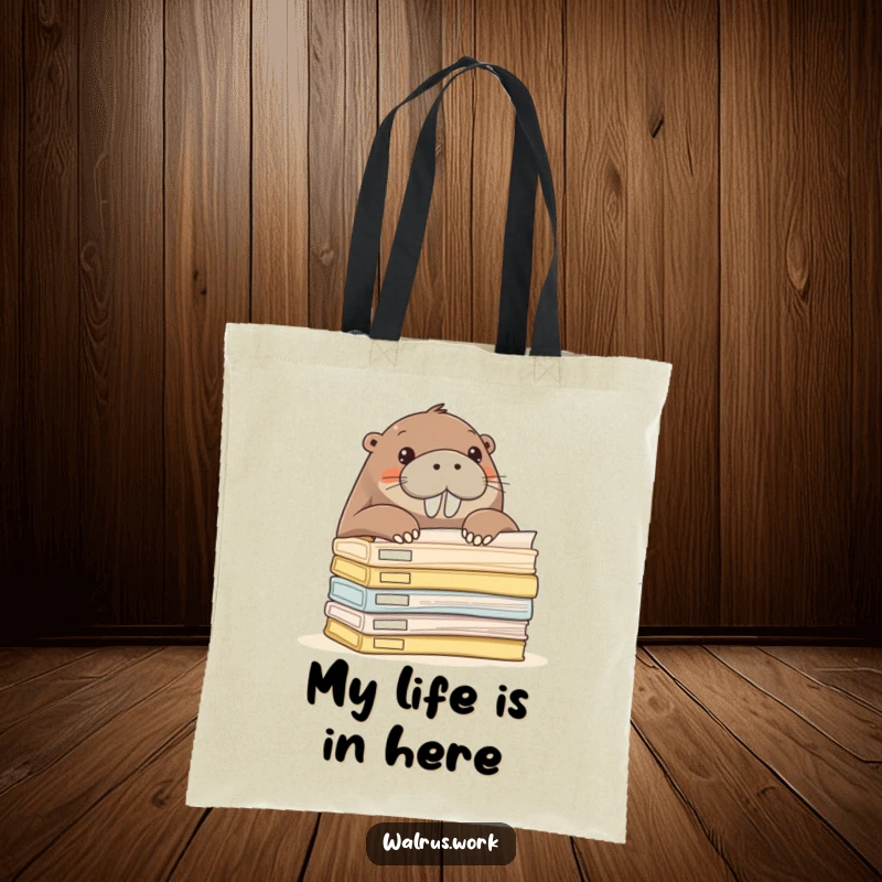 Funny walrus curiously peeking from behind a stack of office folders, practical tote bag.