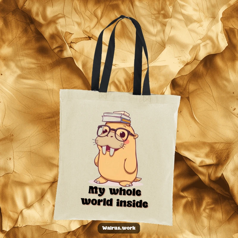 Funny tote bag featuring a smiling walrus with glasses balancing a huge stack of papers on its nose, perfect for stylish, humorous carrying.