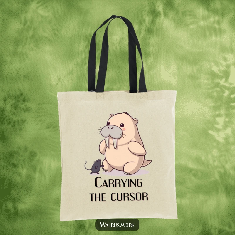 Funny Walrus Tote Bag: A walrus playfully chases a computer mouse pointer, showcasing this humorous and practical bag for everyday use.