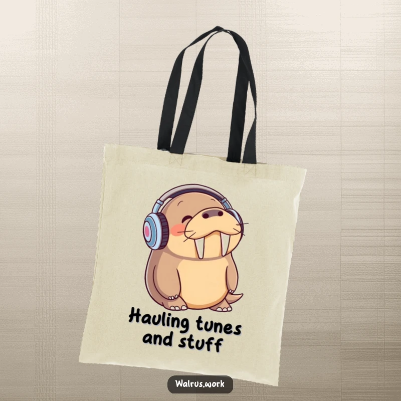 Funny walrus with headphones, head bopping to music, practical and stylish tote bag design.