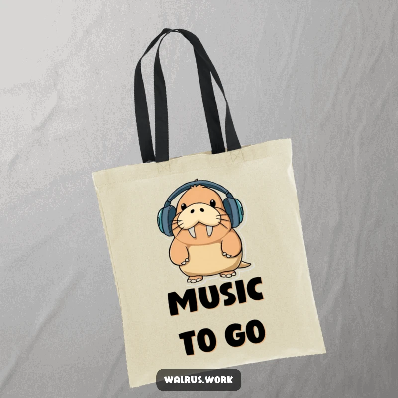 Funny walrus character trying to wear oversized headphones with a comical expression, depicted on a humorous tote bag.