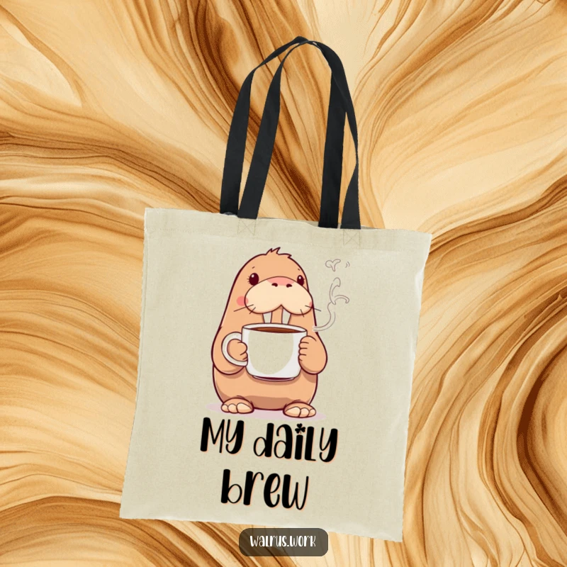 Funny walrus tote bag depicting a walrus holding a steaming coffee cup, a humorous and practical accessory for daily use.