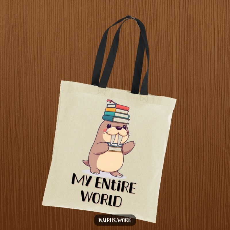 Funny tote bag featuring a playful walrus character balancing a tall, wobbly stack of office supplies on its flippers.