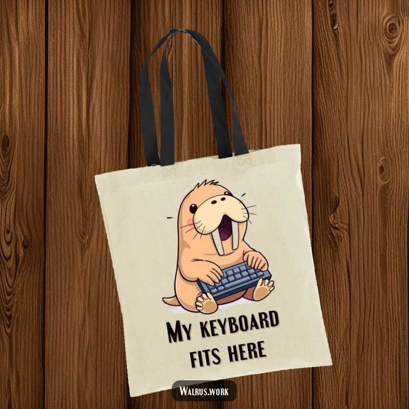 Funny walrus tote bag illustrating an energetic sea mammal typing rapidly on a miniature keyboard, a humorous accessory for daily use.