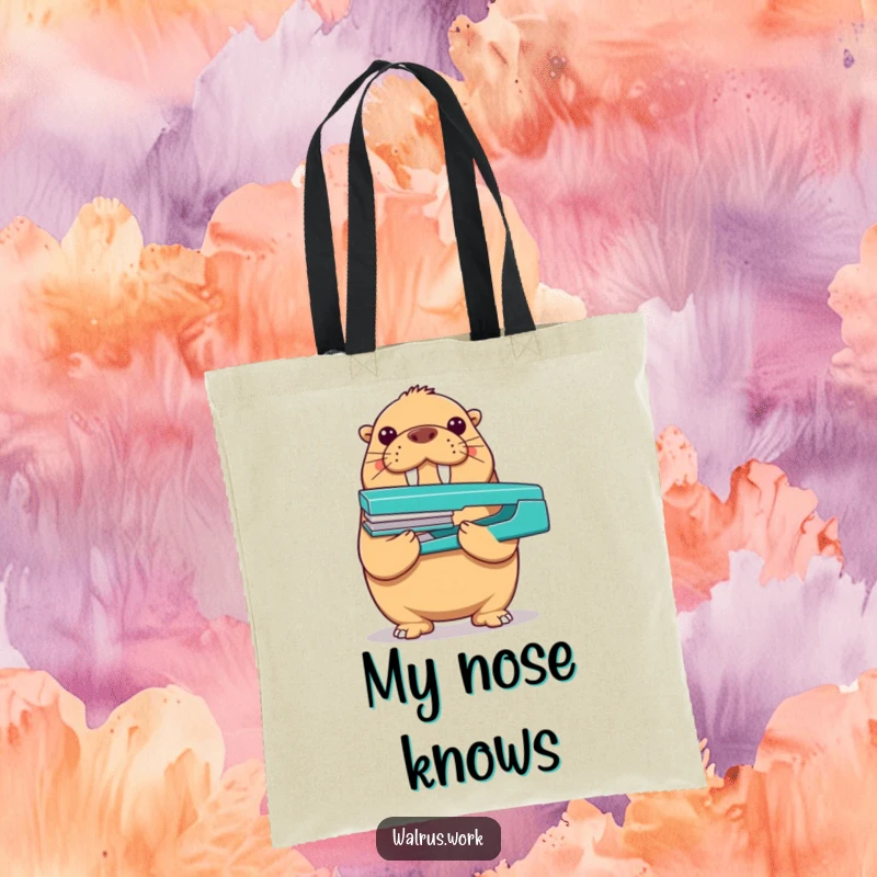 Funny walrus tote bag showing a proud walrus balancing a stapler on its nose, a humorous and practical accessory.