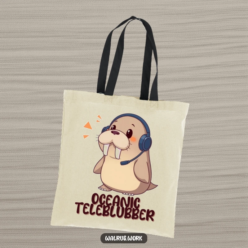 Funny walrus tote bag illustration of a walrus wearing a headset, looking shocked by an incoming phone call.