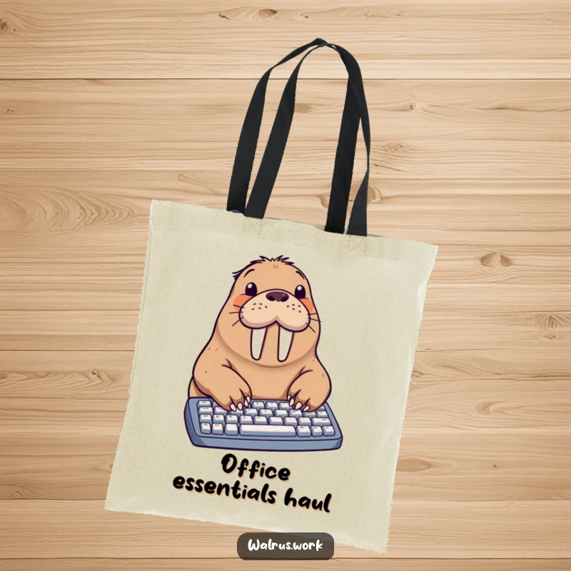 Funny walrus tote bag showing a walrus with flippers trying to type on a computer keyboard, great for carrying items humorously.
