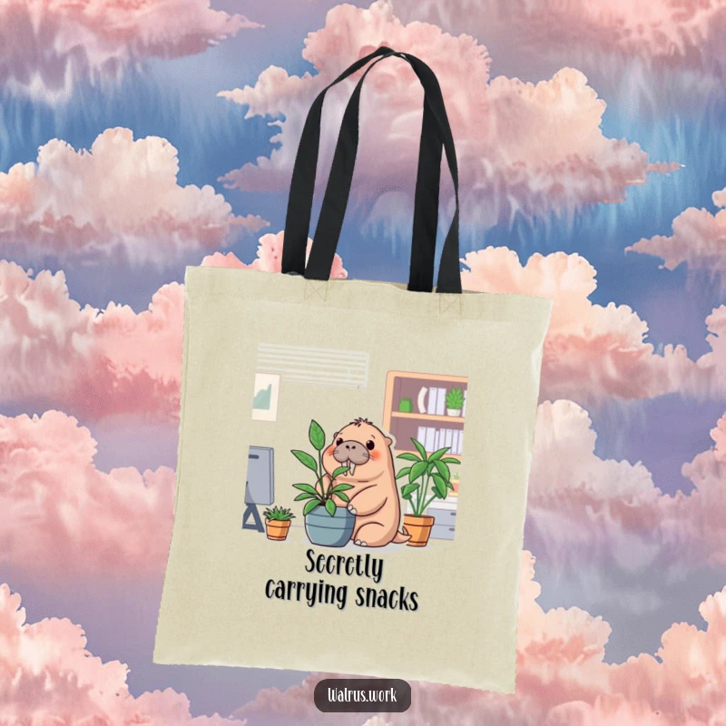 Funny office walrus tote bag with a walrus hiding behind a potted plant, great for daily use.