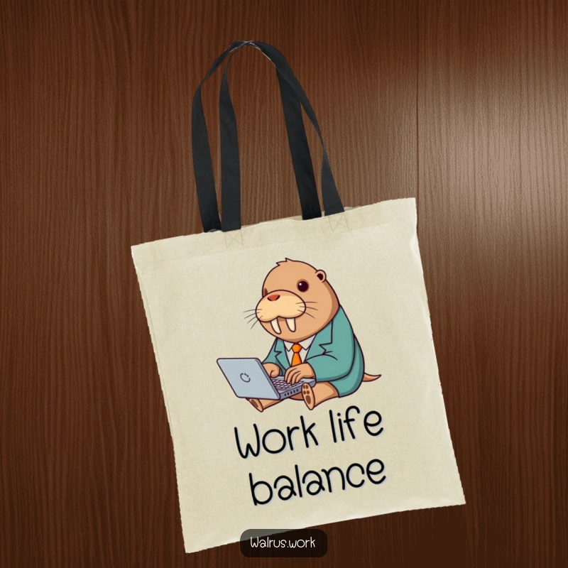 Funny tote bag with a walrus in a suit typing on a laptop, ideal for carrying work items with humor.